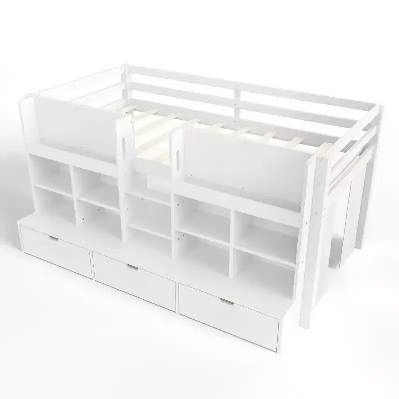 ModernLuxe Twin/Twin XL Low Loft Bed with 3 Storage Drawers & Integrated Bookshelves, Kids Bed with Play Curtain & Chalkboard