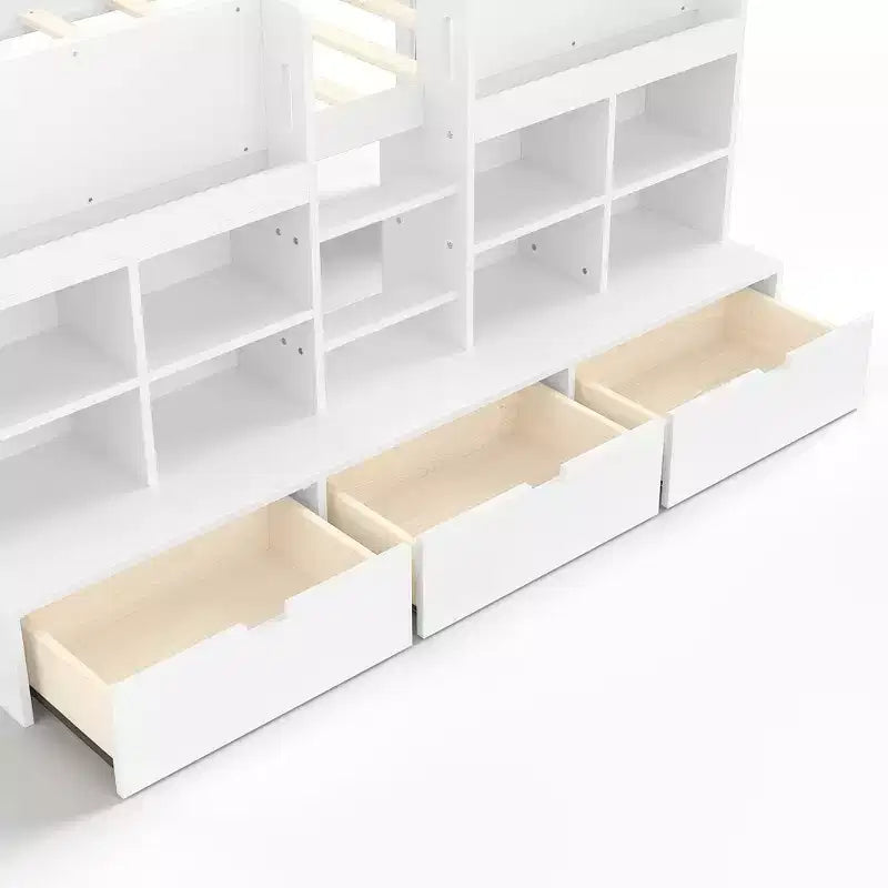 ModernLuxe Twin/Twin XL Low Loft Bed with 3 Storage Drawers & Integrated Bookshelves, Kids Bed with Play Curtain & Chalkboard
