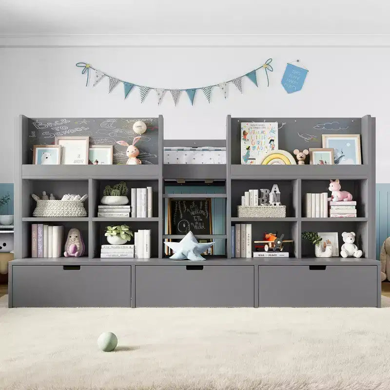 ModernLuxe Twin/Twin XL Low Loft Bed with 3 Storage Drawers & Integrated Bookshelves, Kids Bed with Play Curtain & Chalkboard