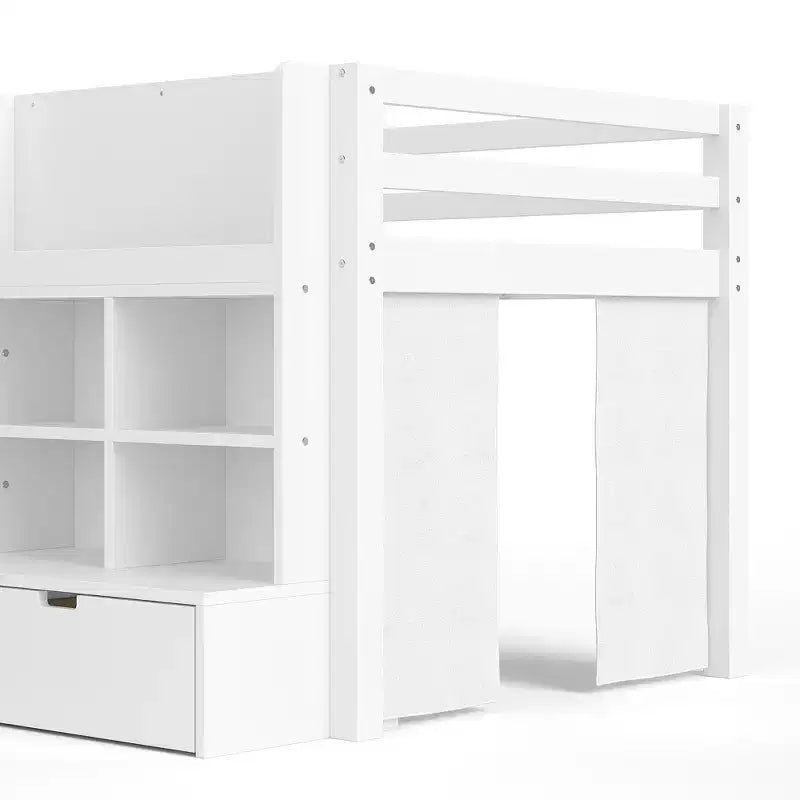 ModernLuxe Twin/Twin XL Low Loft Bed with 3 Storage Drawers & Integrated Bookshelves, Kids Bed with Play Curtain & Chalkboard