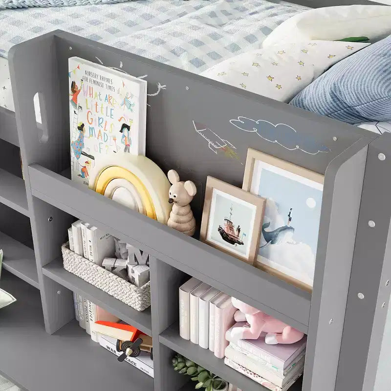 ModernLuxe Twin/Twin XL Low Loft Bed with 3 Storage Drawers & Integrated Bookshelves, Kids Bed with Play Curtain & Chalkboard
