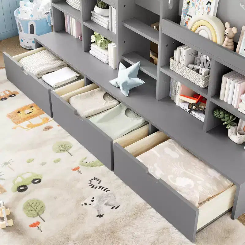 ModernLuxe Twin/Twin XL Low Loft Bed with 3 Storage Drawers & Integrated Bookshelves, Kids Bed with Play Curtain & Chalkboard
