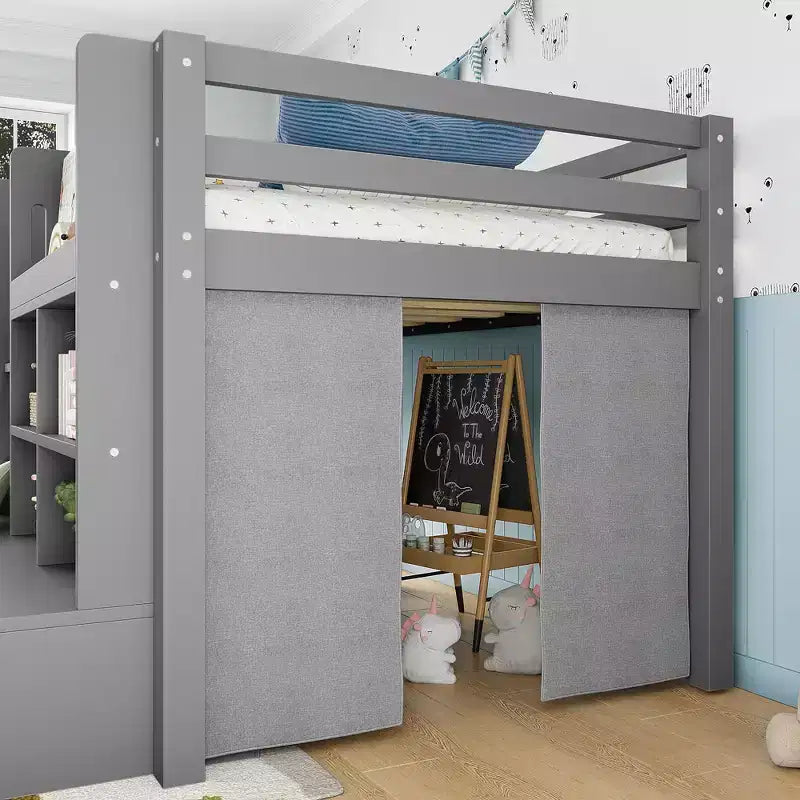 ModernLuxe Twin/Twin XL Low Loft Bed with 3 Storage Drawers & Integrated Bookshelves, Kids Bed with Play Curtain & Chalkboard