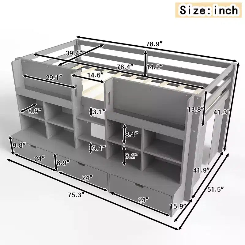 ModernLuxe Twin/Twin XL Low Loft Bed with 3 Storage Drawers & Integrated Bookshelves, Kids Bed with Play Curtain & Chalkboard
