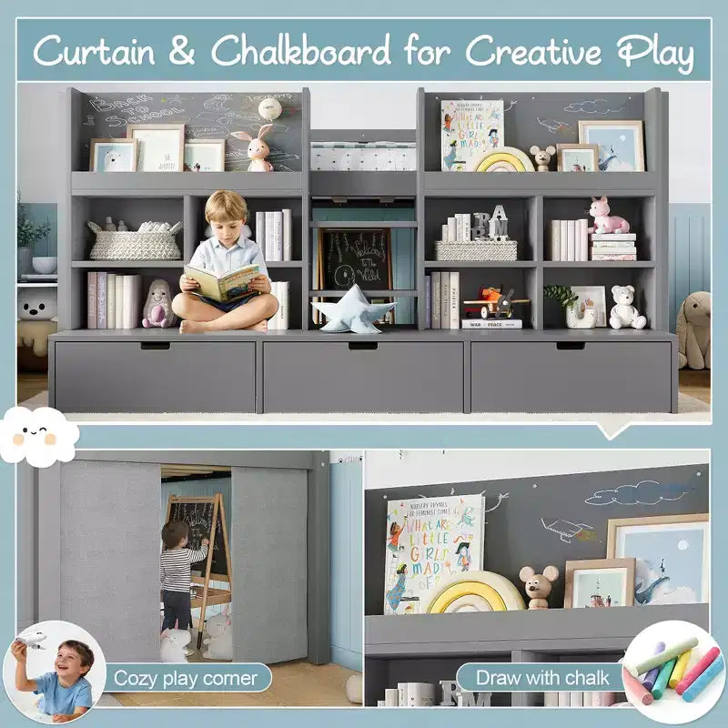 ModernLuxe Twin/Twin XL Low Loft Bed with 3 Storage Drawers & Integrated Bookshelves, Kids Bed with Play Curtain & Chalkboard