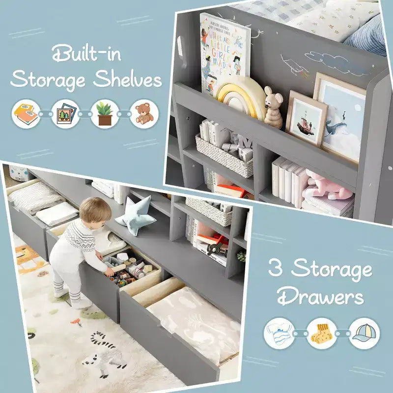 ModernLuxe Twin/Twin XL Low Loft Bed with 3 Storage Drawers & Integrated Bookshelves, Kids Bed with Play Curtain & Chalkboard
