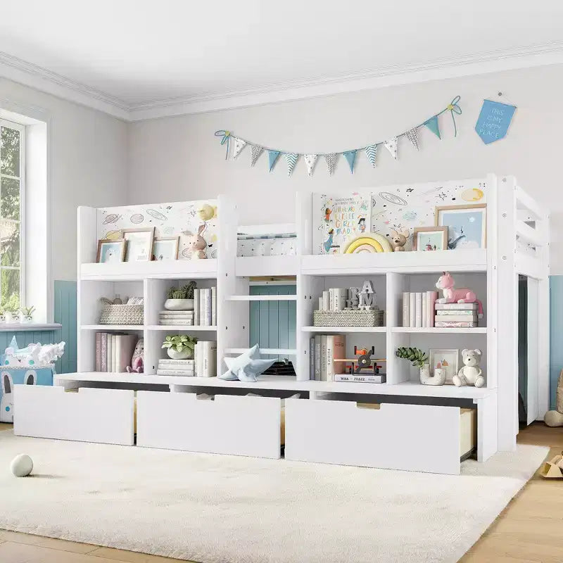 ModernLuxe Twin/Twin XL Low Loft Bed with 3 Storage Drawers & Integrated Bookshelves, Kids Bed with Play Curtain & Chalkboard