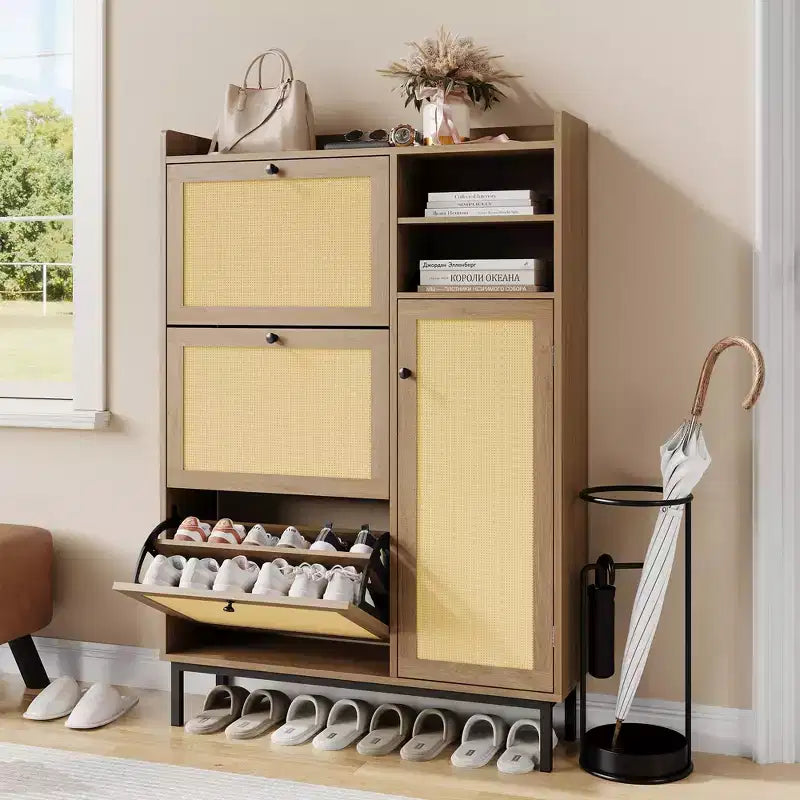 CuisinSmart 3 flip drawer narrow shoe cabinet, rattan shoe storage cabinet with 2 open shelves&1 doors, anti-tiping device, for entryway living room