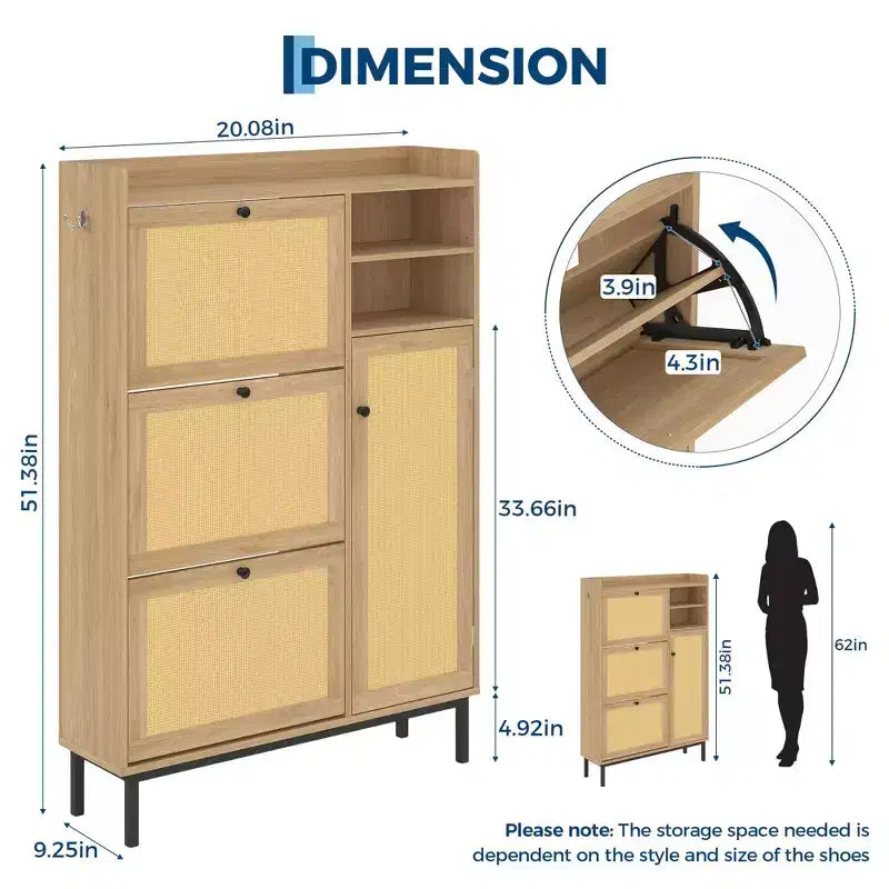 CuisinSmart 3 flip drawer narrow shoe cabinet, rattan shoe storage cabinet with 2 open shelves&1 doors, anti-tiping device, for entryway living room
