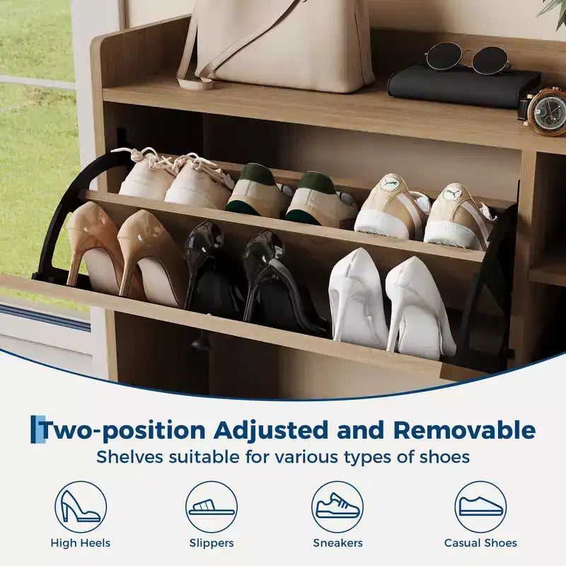 CuisinSmart 3 flip drawer narrow shoe cabinet, rattan shoe storage cabinet with 2 open shelves&1 doors, anti-tiping device, for entryway living room