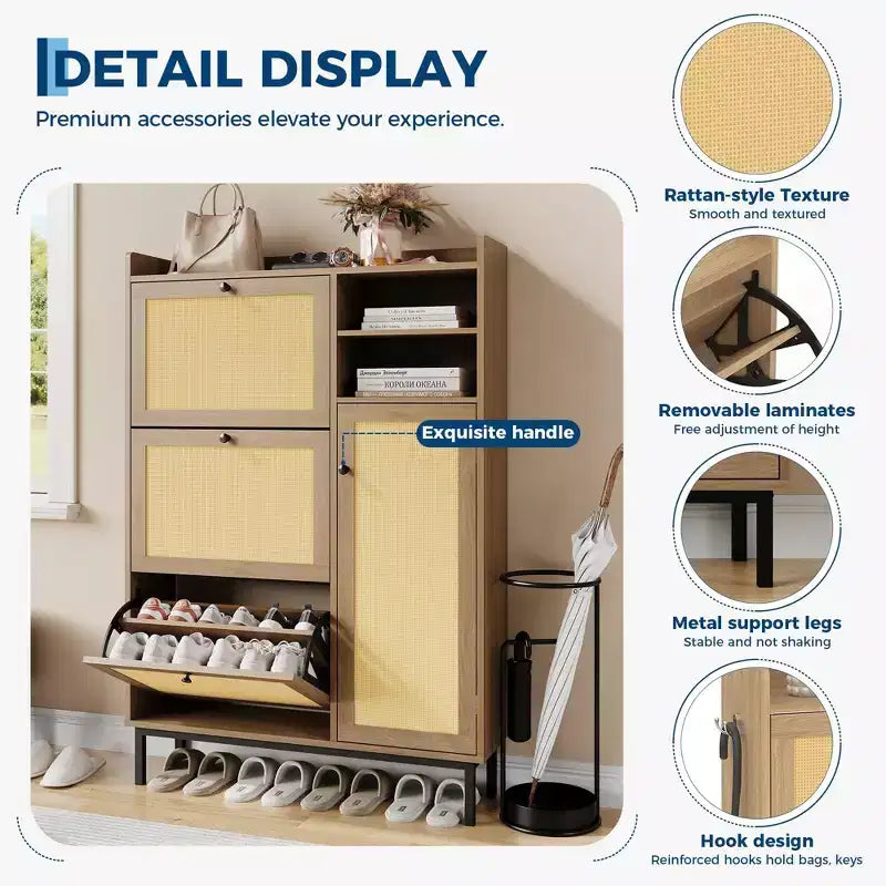 CuisinSmart 3 flip drawer narrow shoe cabinet, rattan shoe storage cabinet with 2 open shelves&1 doors, anti-tiping device, for entryway living room