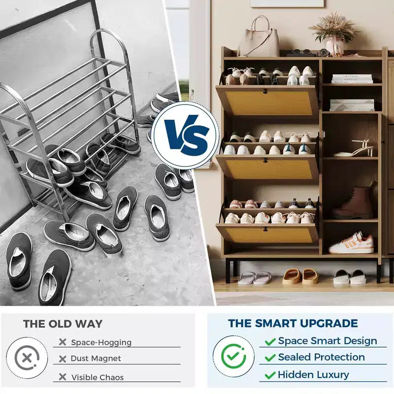 CuisinSmart 3 flip drawer narrow shoe cabinet, rattan shoe storage cabinet with 2 open shelves&1 doors, anti-tiping device, for entryway living room