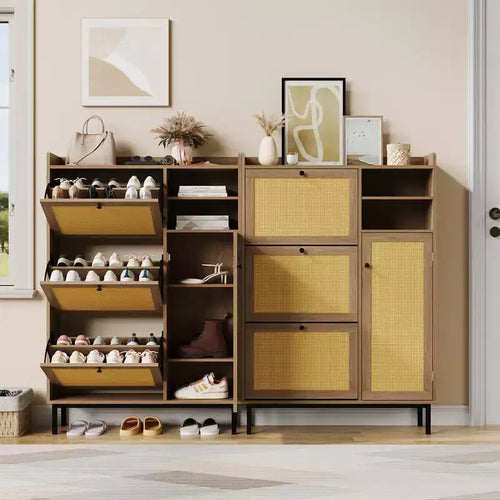 CuisinSmart 3 flip drawer narrow shoe cabinet, rattan shoe storage cabinet with 2 open shelves&1 doors, anti-tiping device, for entryway living room