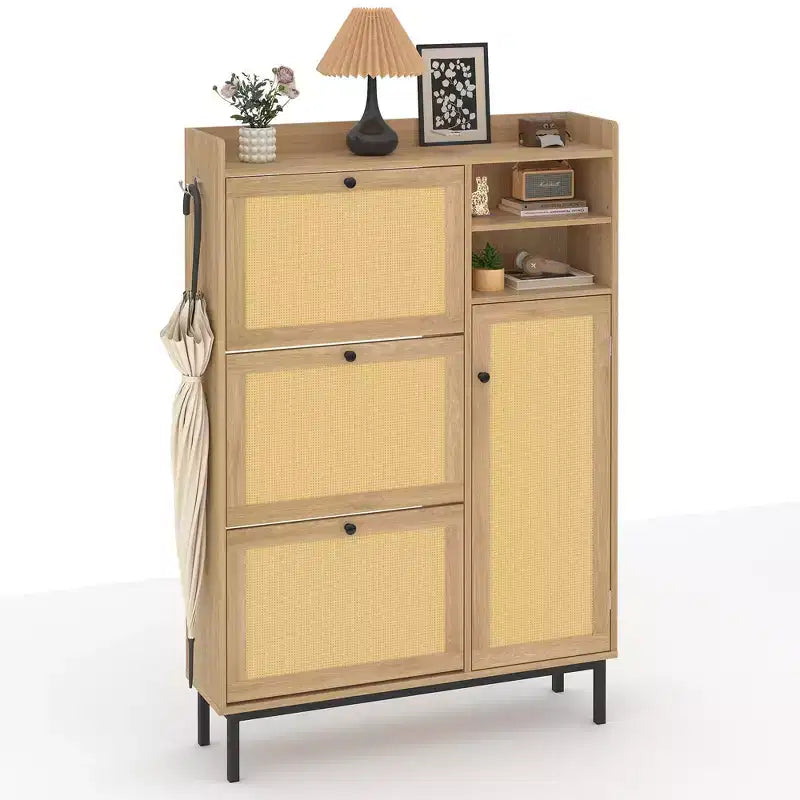 CuisinSmart 3 flip drawer narrow shoe cabinet, rattan shoe storage cabinet with 2 open shelves&1 doors, anti-tiping device, for entryway living room