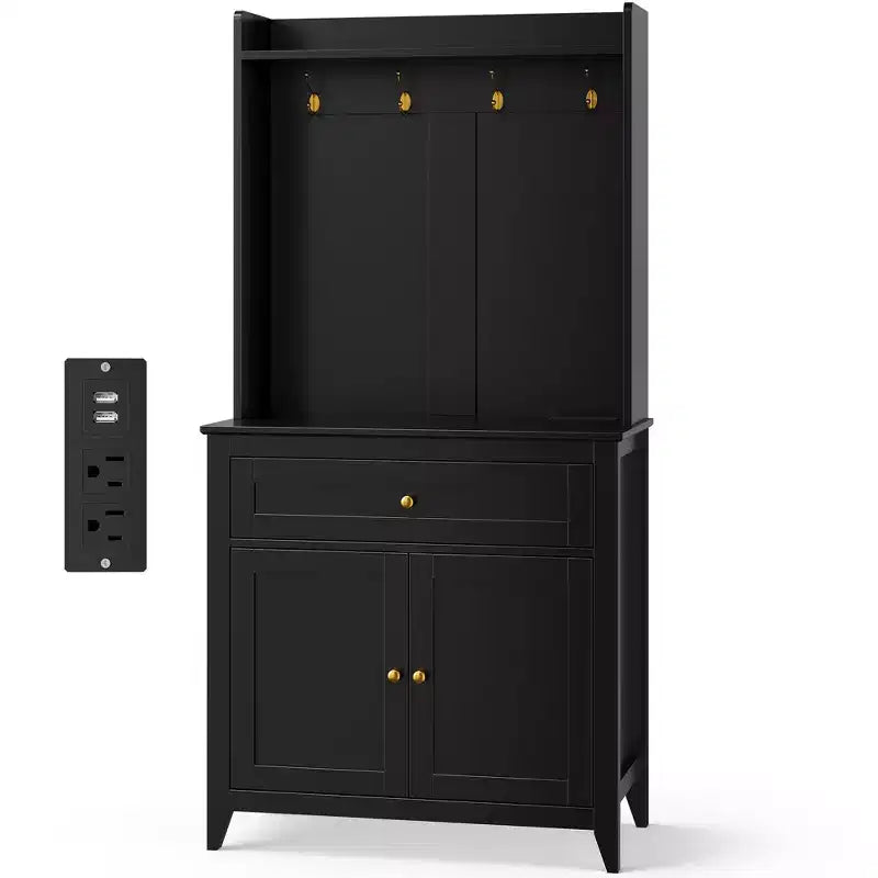 Coolmee 63'' Pantry Cabinet with 4 Hooks, Kitchen Pantry Cabinet, Coffee Bar Table with Drawer & Adjustable Shelves, Black