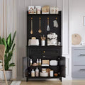 Coolmee 63'' Pantry Cabinet with 4 Hooks, Kitchen Pantry Cabinet, Coffee Bar Table with Drawer & Adjustable Shelves, Black