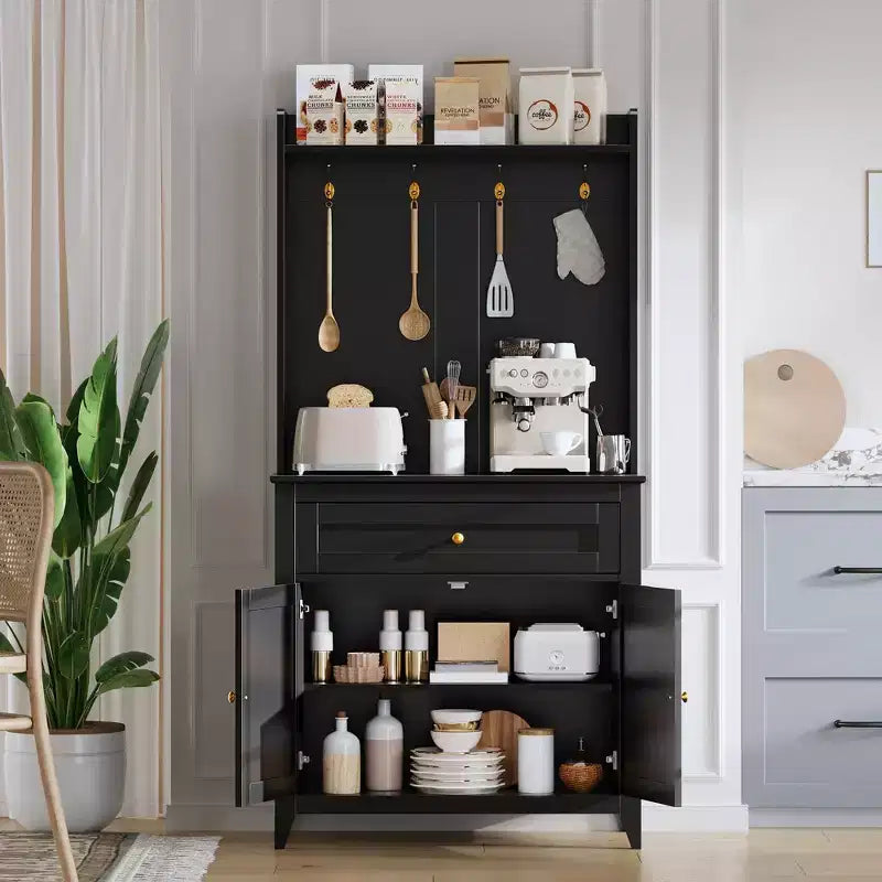 Coolmee 63'' Pantry Cabinet with 4 Hooks, Kitchen Pantry Cabinet, Coffee Bar Table with Drawer & Adjustable Shelves, Black