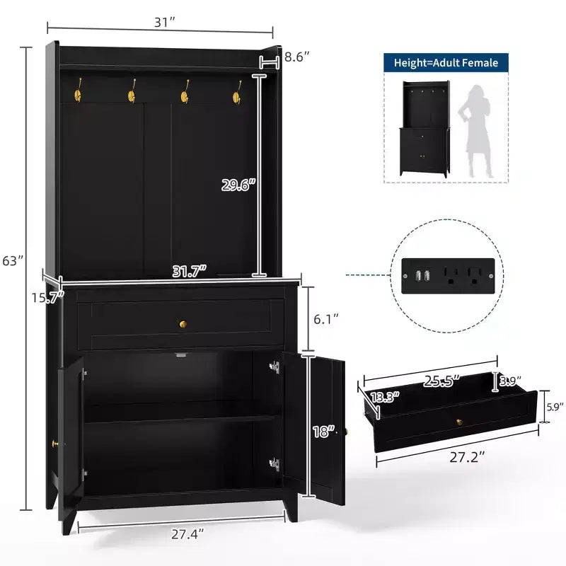 Coolmee 63'' Pantry Cabinet with 4 Hooks, Kitchen Pantry Cabinet, Coffee Bar Table with Drawer & Adjustable Shelves, Black
