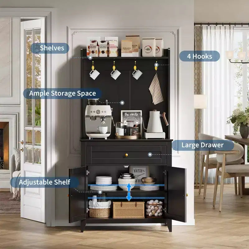 Coolmee 63'' Pantry Cabinet with 4 Hooks, Kitchen Pantry Cabinet, Coffee Bar Table with Drawer & Adjustable Shelves, Black