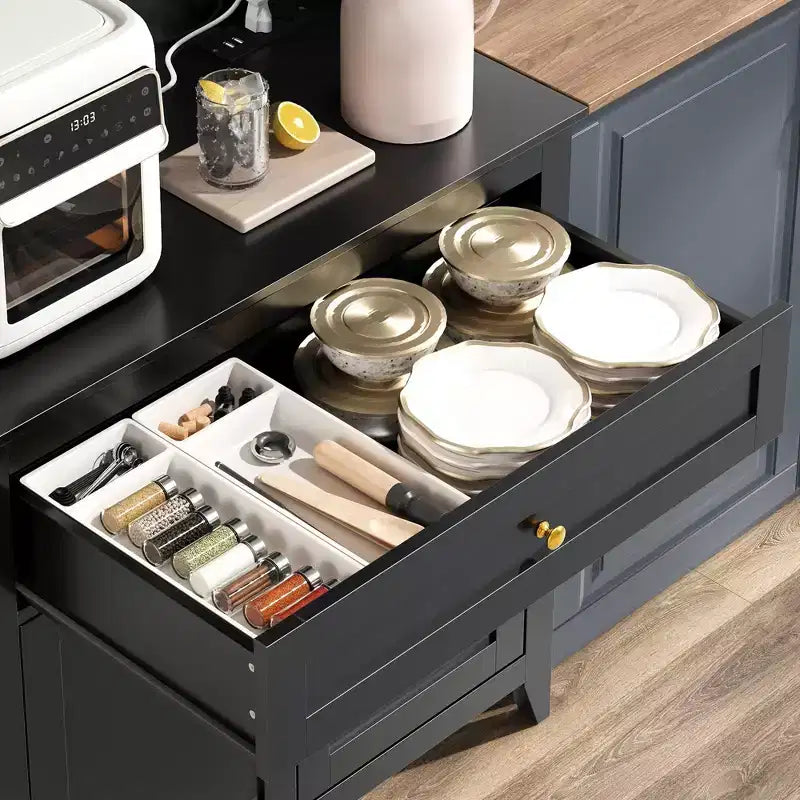 Coolmee 63'' Pantry Cabinet with 4 Hooks, Kitchen Pantry Cabinet, Coffee Bar Table with Drawer & Adjustable Shelves, Black