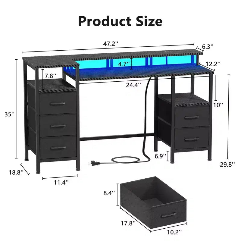 47 Inch Carbon Fiber Black Gaming Desk with Charging Station LED Lights Reversible Computer Desk 5 Fabric Drawers Home Office Writing Study Table