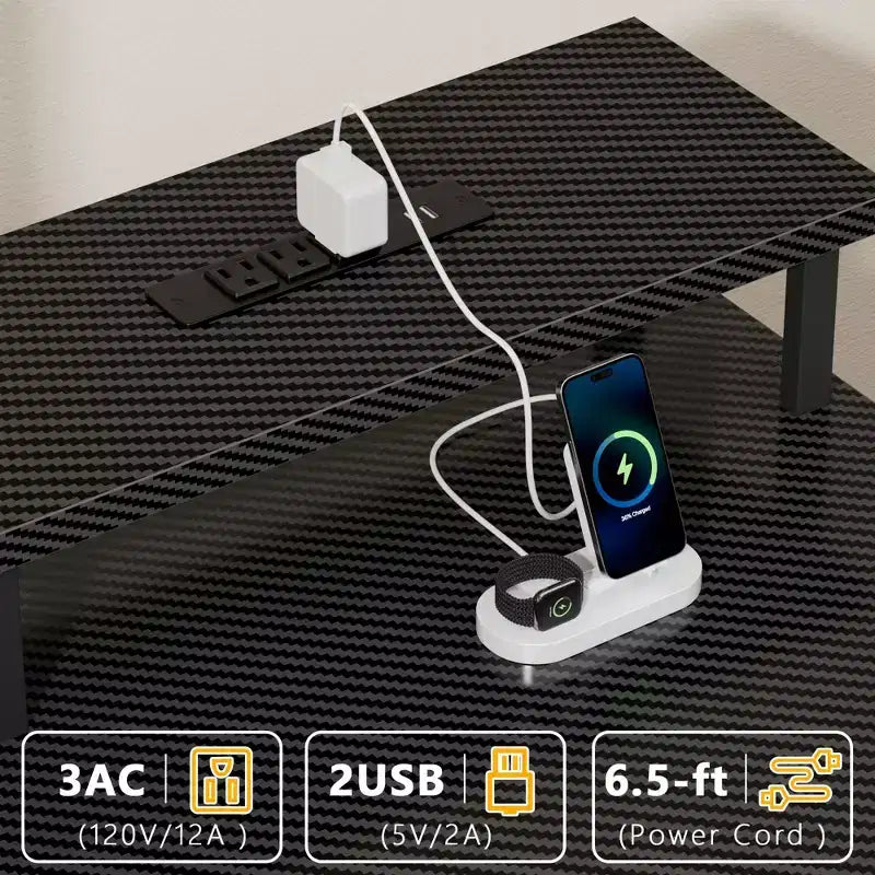 47 Inch Carbon Fiber Black Gaming Desk with Charging Station LED Lights Reversible Computer Desk 5 Fabric Drawers Home Office Writing Study Table