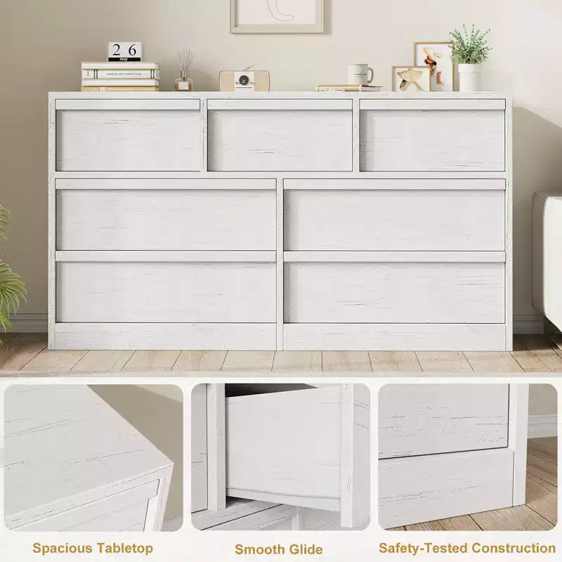 7 Drawer Dresser for Bedroom, White Dresser Organizer with Concave Handles, Modern 7 Chest of Drawers for Bedroom Living Room Nursery
