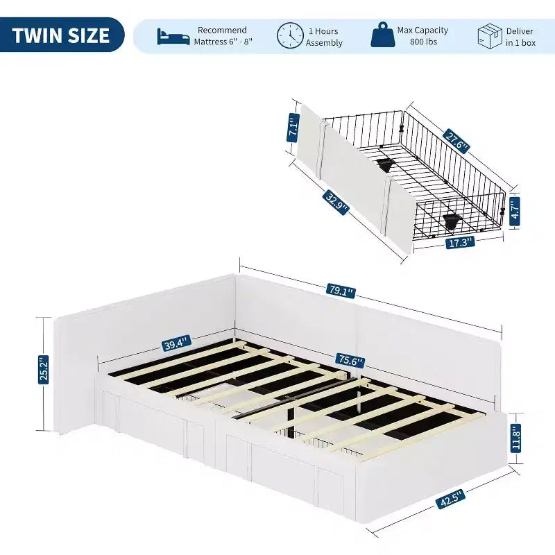 GustoWave Twin Velvet Upholstered Sofa Bed Frame, Corner Bed Frame with Storage Drawers
