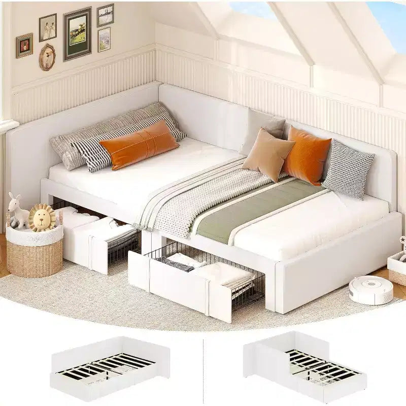 GustoWave Twin Velvet Upholstered Sofa Bed Frame, Corner Bed Frame with Storage Drawers