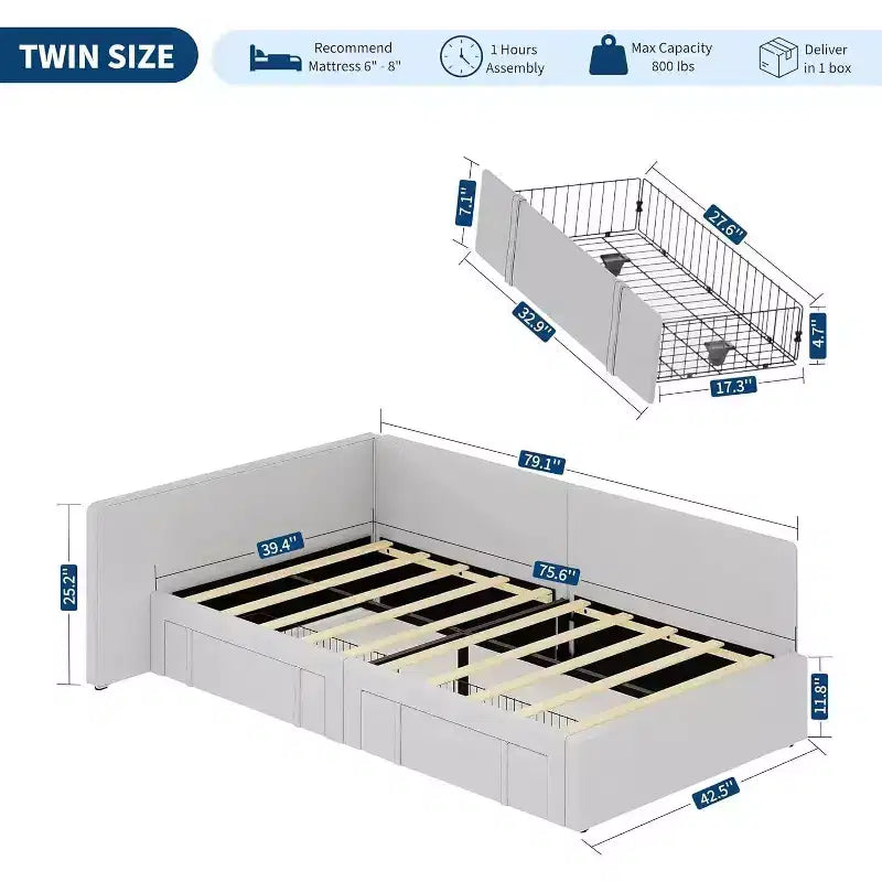 GustoWave Twin Velvet Upholstered Sofa Bed Frame, Corner Bed Frame with Storage Drawers