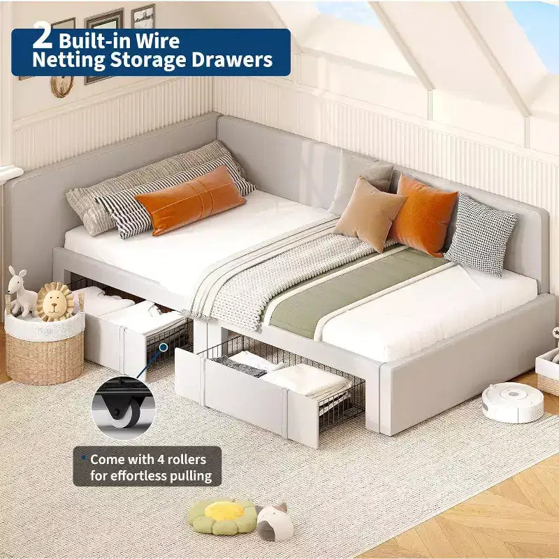 GustoWave Twin Velvet Upholstered Sofa Bed Frame, Corner Bed Frame with Storage Drawers
