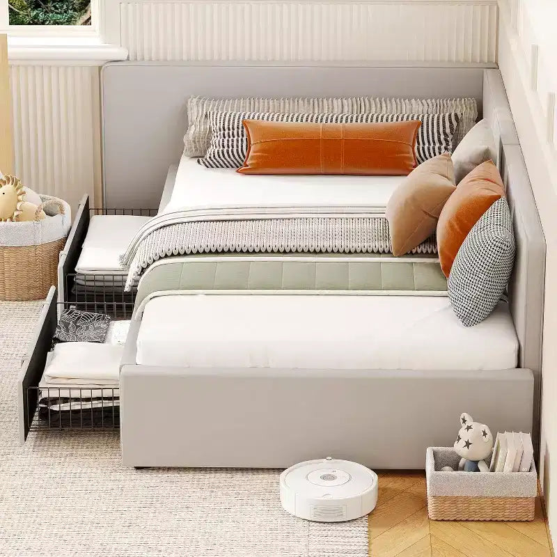 GustoWave Twin Velvet Upholstered Sofa Bed Frame, Corner Bed Frame with Storage Drawers