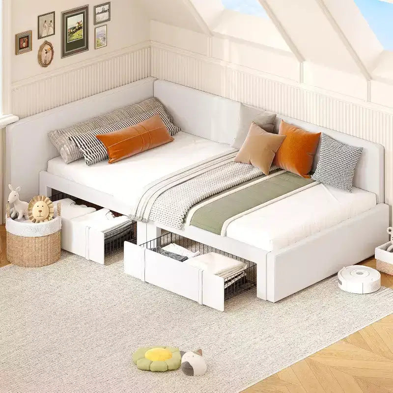 GustoWave Twin Velvet Upholstered Sofa Bed Frame, Corner Bed Frame with Storage Drawers