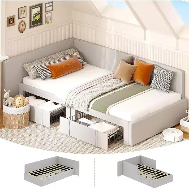 GustoWave Twin Velvet Upholstered Sofa Bed Frame, Corner Bed Frame with Storage Drawers