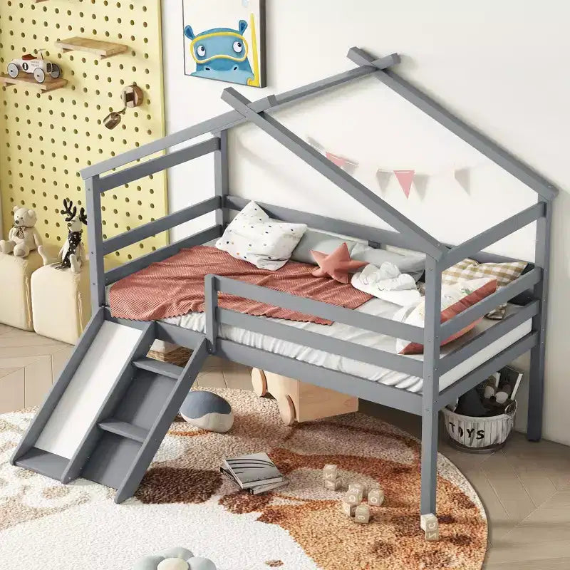 Sailvan Twin Low Loft House Bed with Slide, Ladder, Safety Guardrails, House Roof Frame
