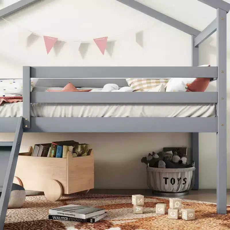 Sailvan Twin Low Loft House Bed with Slide, Ladder, Safety Guardrails, House Roof Frame
