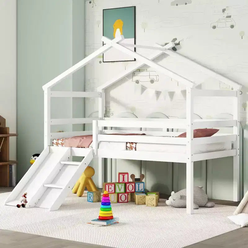 Sailvan Twin Low Loft House Bed with Slide, Ladder, Safety Guardrails, House Roof Frame