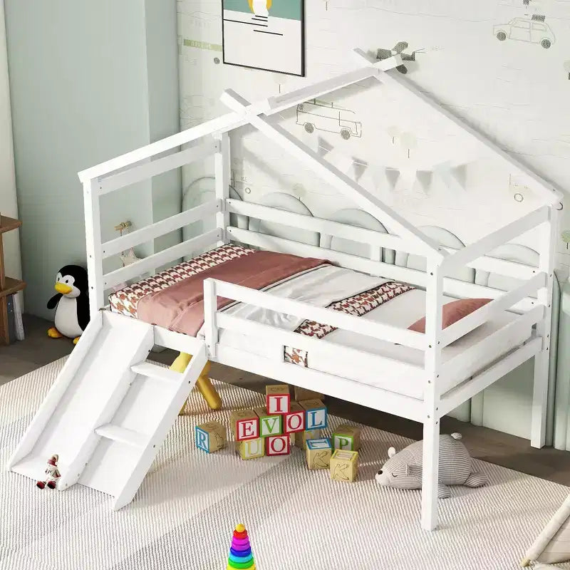 Sailvan Twin Low Loft House Bed with Slide, Ladder, Safety Guardrails, House Roof Frame