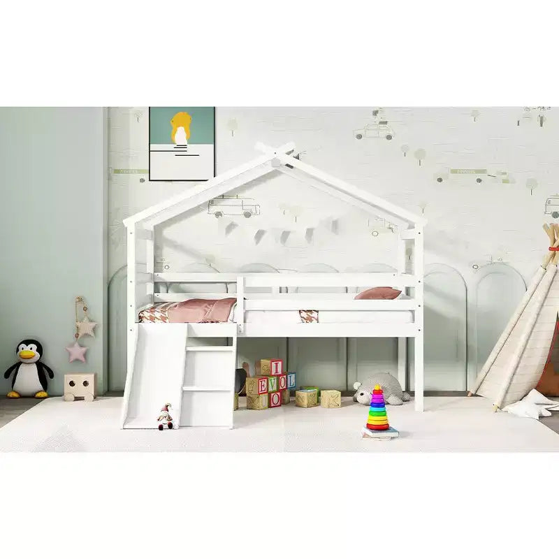 Sailvan Twin Low Loft House Bed with Slide, Ladder, Safety Guardrails, House Roof Frame