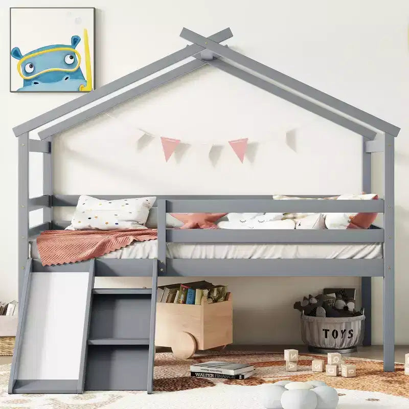 Sailvan Twin Low Loft House Bed with Slide, Ladder, Safety Guardrails, House Roof Frame
