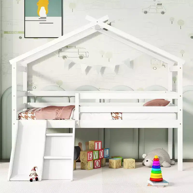 Sailvan Twin Low Loft House Bed with Slide, Ladder, Safety Guardrails, House Roof Frame