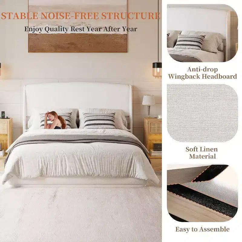 FAMYYT Queen Size Bed With Padded Headboard, Easy Assembly