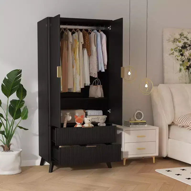 71 Wood Armoire Wardrobe Closet with 2 Doors & 2 Drawers, Storage Cabinet with Hanging Rod & Adjustable Shelf for Bedroom, Gym