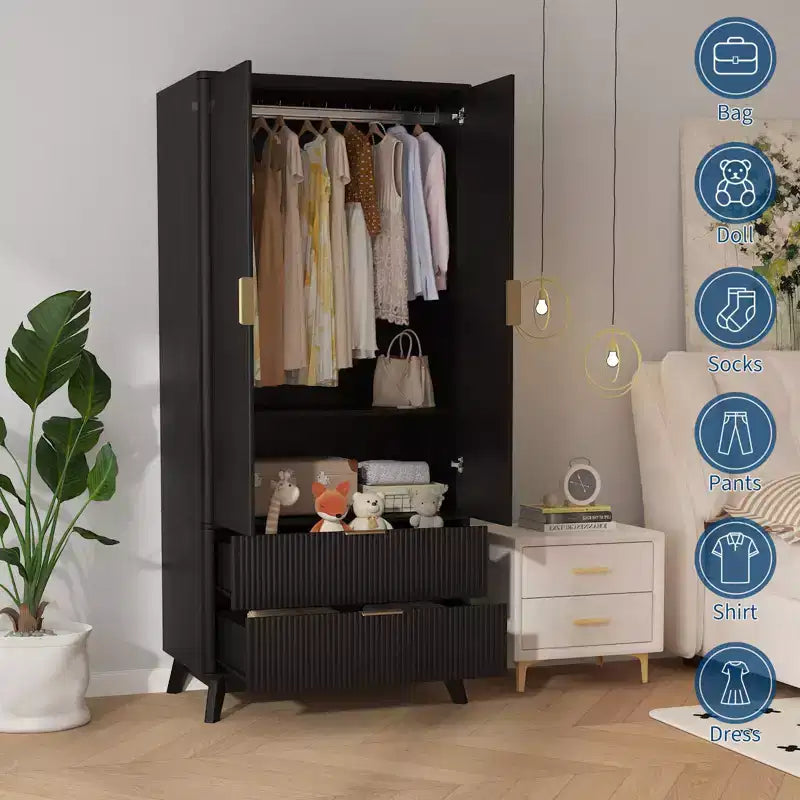 71 Wood Armoire Wardrobe Closet with 2 Doors & 2 Drawers, Storage Cabinet with Hanging Rod & Adjustable Shelf for Bedroom, Gym