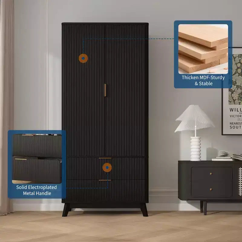 71 Wood Armoire Wardrobe Closet with 2 Doors & 2 Drawers, Storage Cabinet with Hanging Rod & Adjustable Shelf for Bedroom, Gym