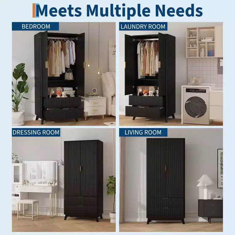 71 Wood Armoire Wardrobe Closet with 2 Doors & 2 Drawers, Storage Cabinet with Hanging Rod & Adjustable Shelf for Bedroom, Gym