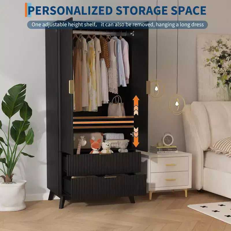 71 Wood Armoire Wardrobe Closet with 2 Doors & 2 Drawers, Storage Cabinet with Hanging Rod & Adjustable Shelf for Bedroom, Gym