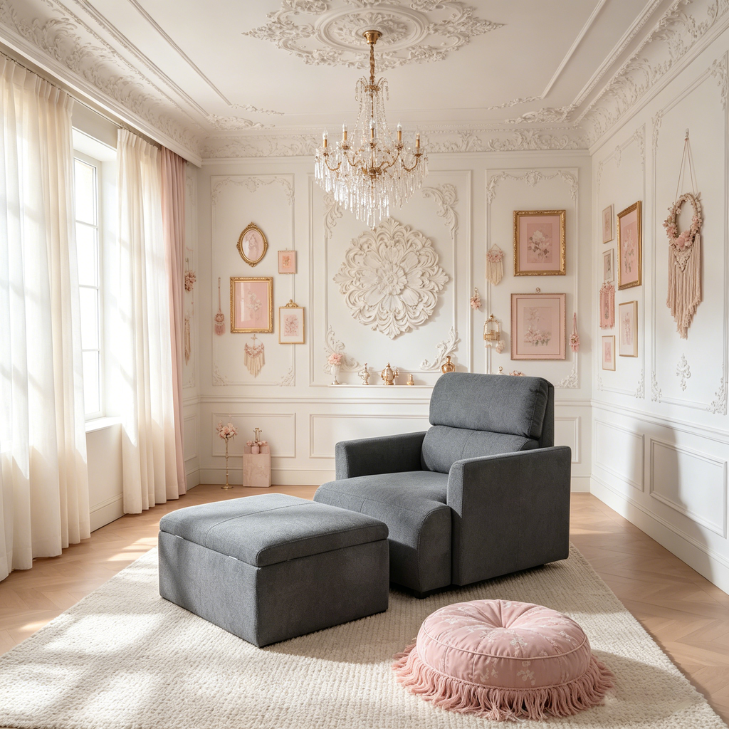 Méridienne capitonnée avec pouf de rangement, Large fauteuil d'appoint