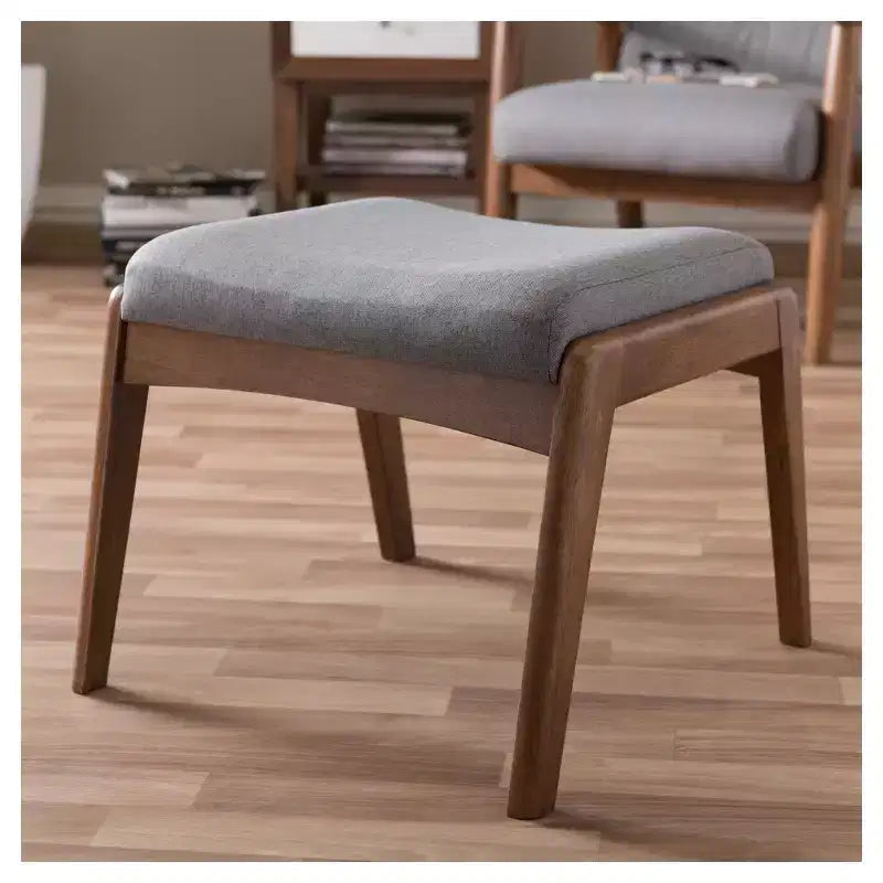 Roxy Mid - Century Modern Wood Finish and Fabric Upholstered Ottoman - Gray, Walnut Brown - Baxton Studio