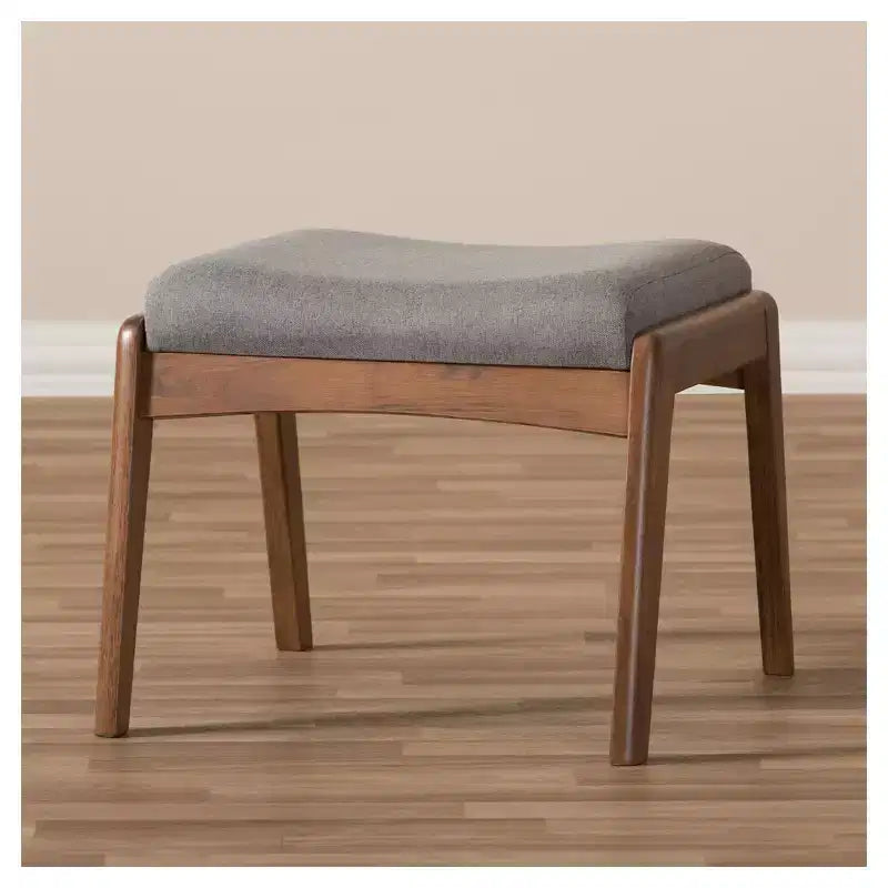 Roxy Mid - Century Modern Wood Finish and Fabric Upholstered Ottoman - Gray, Walnut Brown - Baxton Studio